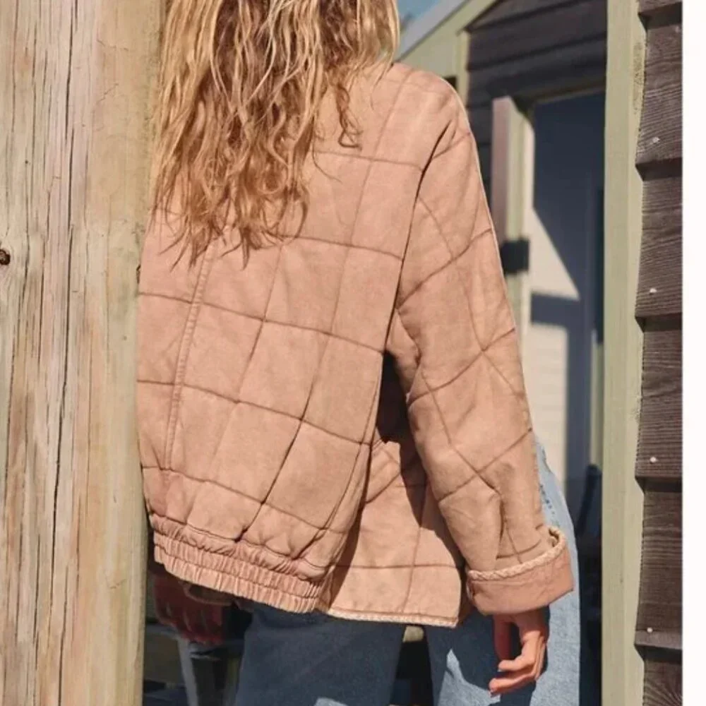 NEW BEST Free People Dolman Quilted Knit Jacket XSmall Dirty Rose Beige - Picture 2 of 5